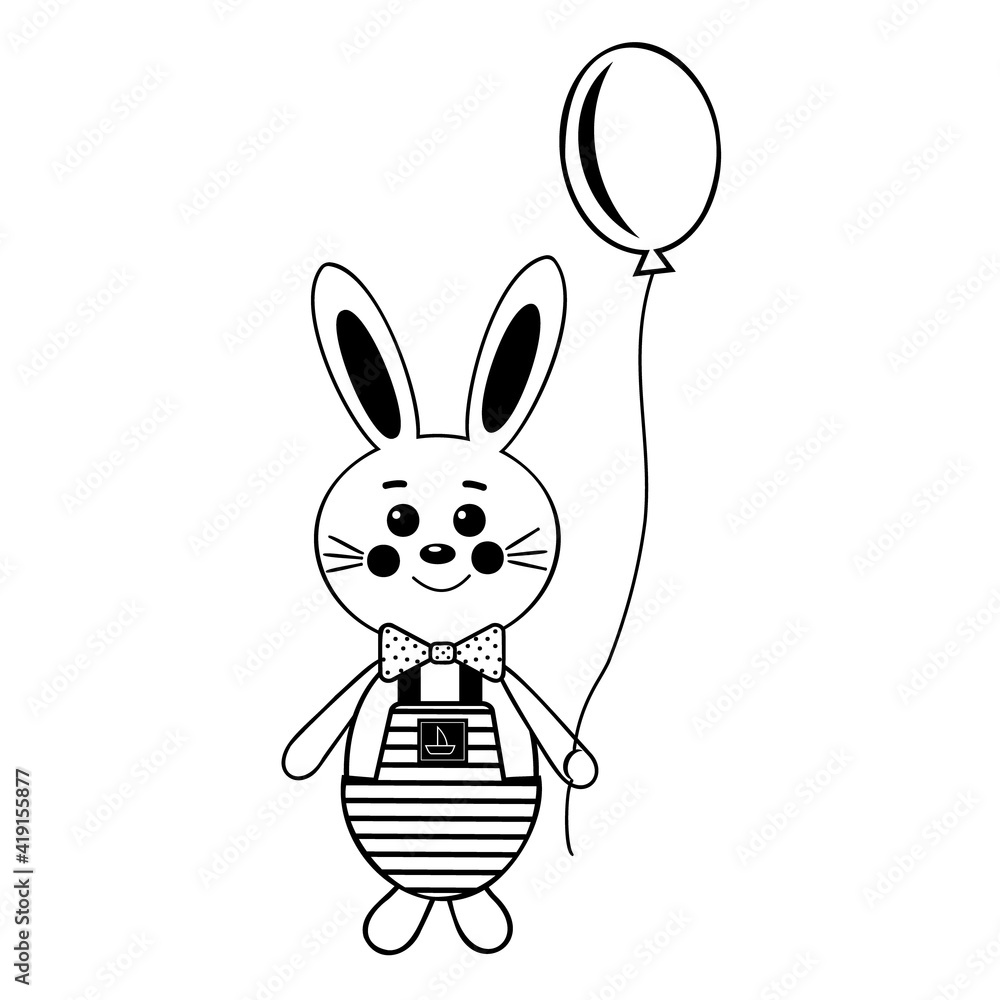 Obraz premium Bunny boy with balloon, black outline coloring book