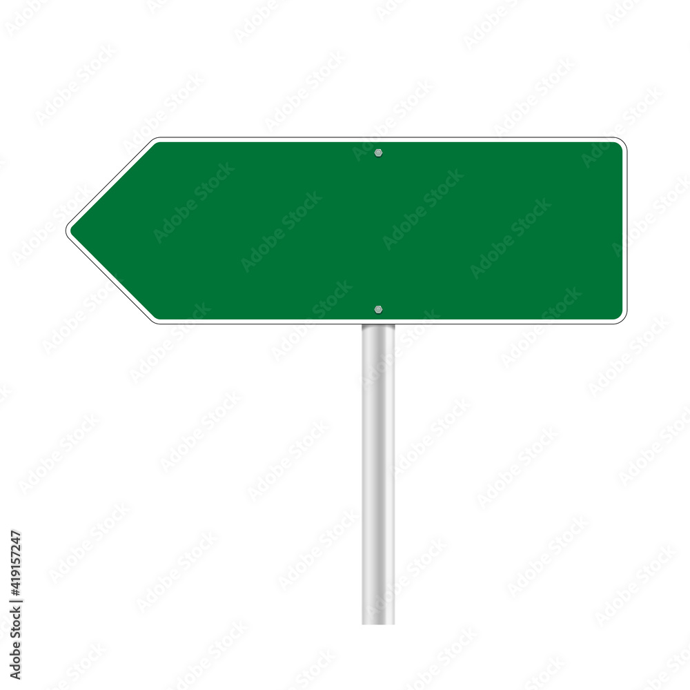 Road green traffic sign. Mockup - blank board with place for text, information and direction. Vector illustration isolated on white background. Road green traffic sign. Mockup - blank board with place for text, information and direction. Vector illustration isolated on white background.
