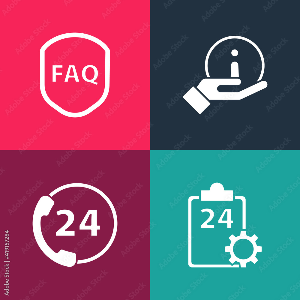Set pop art Checklist with 24 hours service, Telephone support, Information and Shield text FAQ icon. Vector. Set pop art Checklist with 24 hours service, Telephone support, Information and Shield text FAQ icon. Vector.