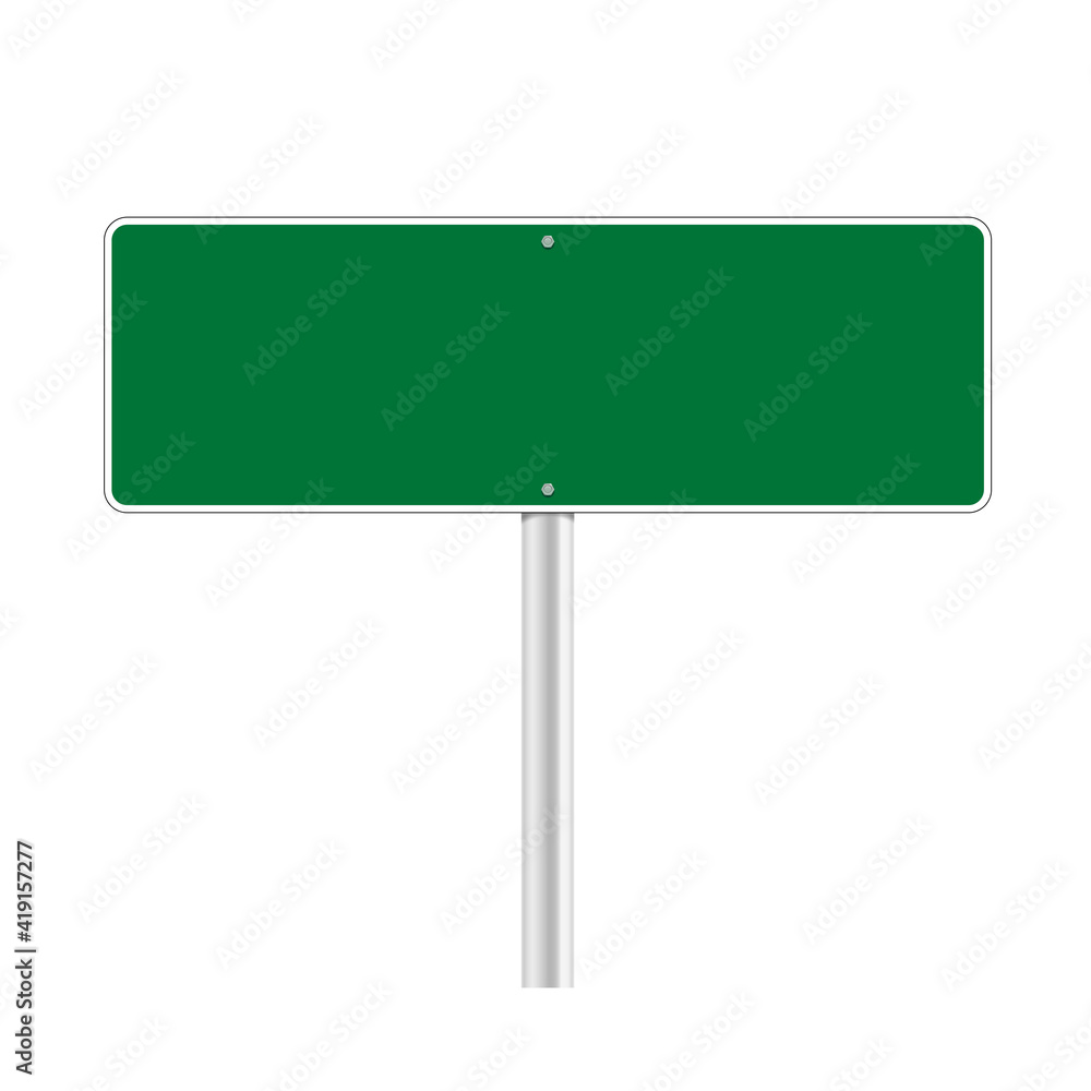 Road green traffic sign. Mockup - blank board with place for text, information and direction. Vector illustration isolated on white background. Road green traffic sign. Mockup - blank board with place for text, information and direction. Vector illustration isolated on white background.
