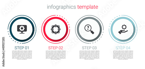 Set Location with gear, Lifebuoy, Unknown search and Settings in the hand. Business infographic template. Vector.