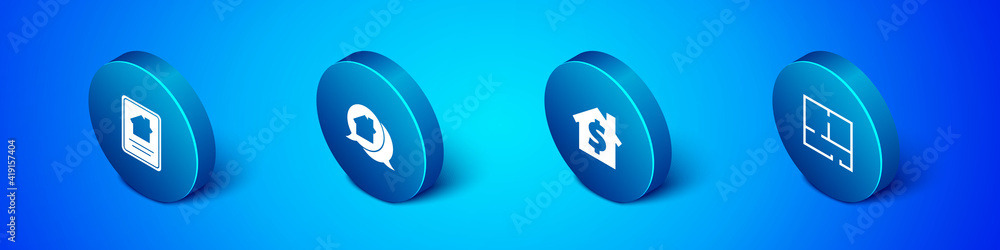 Set Isometric Online real estate house, House with dollar symbol, plan and Real message icon. Vector. Set Isometric Online real estate house, House with dollar symbol, plan and Real message icon. Vector.