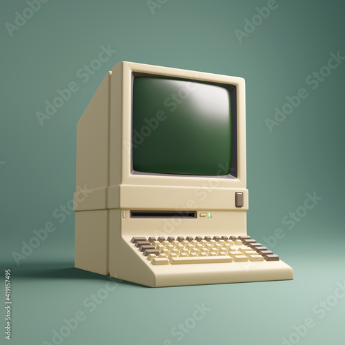 Vintage1980's personal desktop computer and built in screen and keyboard. 3D illustration.