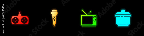 Set Gamepad, Microphone, Retro tv and Cooking pot icon. Vector.