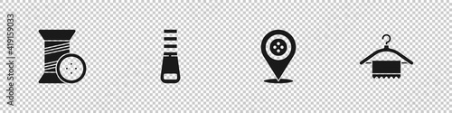 Set Sewing thread and button, Zipper, Location tailor shop and Hanger wardrobe icon. Vector.