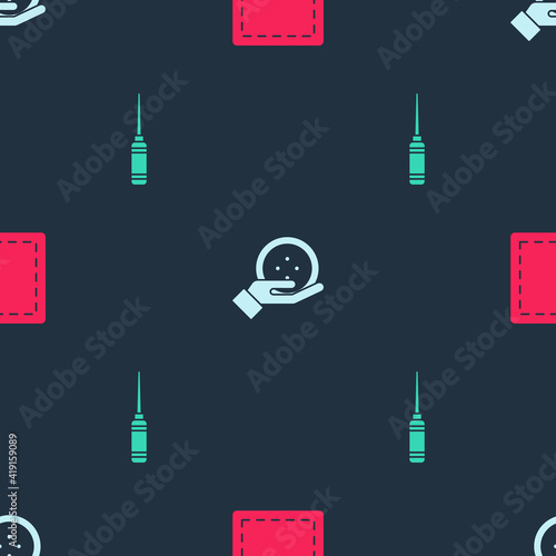 Set Sewing Pattern, button and Awl tool on seamless pattern. Vector.