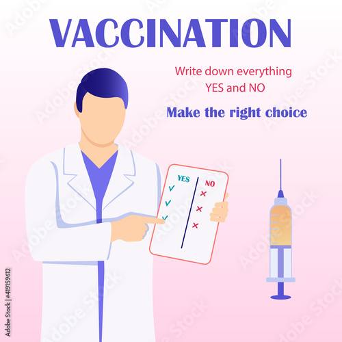 No Vaccination. COVID-19 Virus Vaccine poster. Poster for making decision about vaccination. Doctor shows form with columns YES and NO. Inscription "Write down all Yes and NO. Make the right choice" 