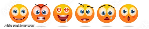Emoji set. Vector emojies pack. Human emotions: happy, angry, enamored, surprised, sad, embarrassed emoticon. Funny faces.