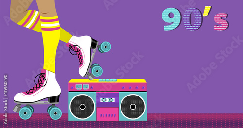 Vector illustration with female legs in retro roller skates with cassette recorder for pushing music with two speakers on beige background. vector illustration.