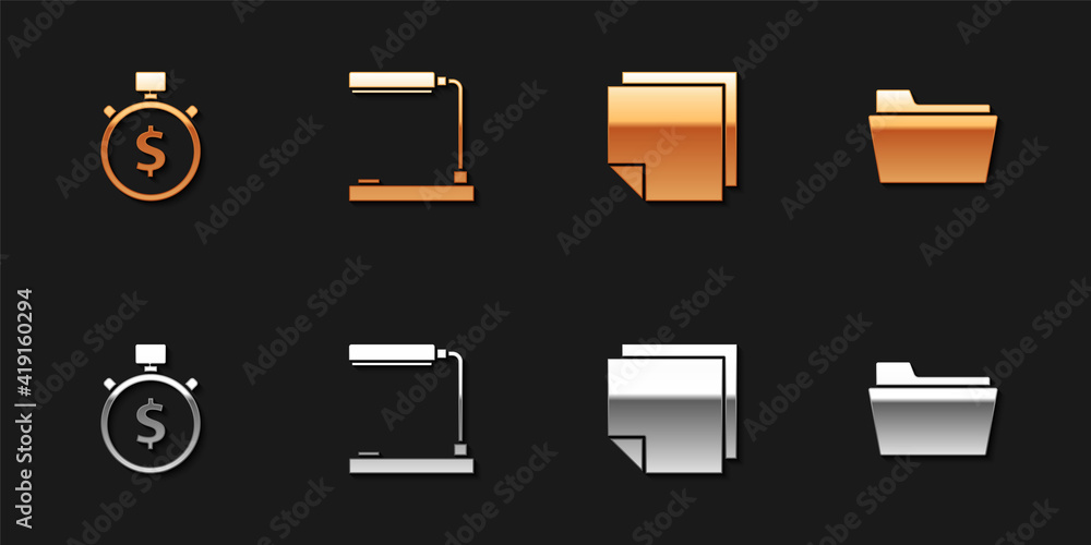 Set Time is money, Table lamp, Post note stickers and Document folder icon. Vector.