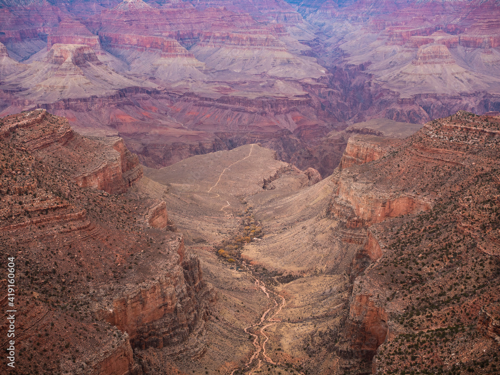 Birds eye view of cliffs and ridges of the Grand Canyon, Arizona USA