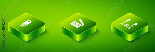 Set Isometric Movie clapper, Home stereo with two speakers and USB flash drive icon. Vector.