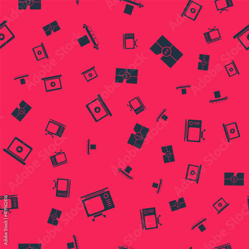 Set Retro tv, Limousine car and carpet, Online play video and Old film movie countdown frame on seamless pattern. Vector.