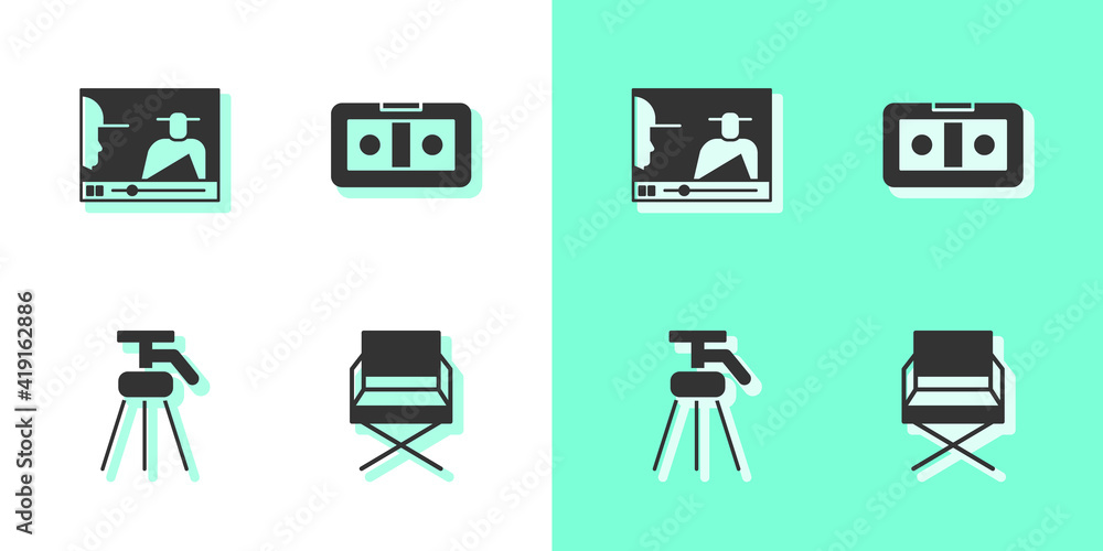 Set Director movie chair, Online play video, Tripod and VHS cassette tape icon. Vector. Set Director movie chair, Online play video, Tripod and VHS cassette tape icon. Vector.