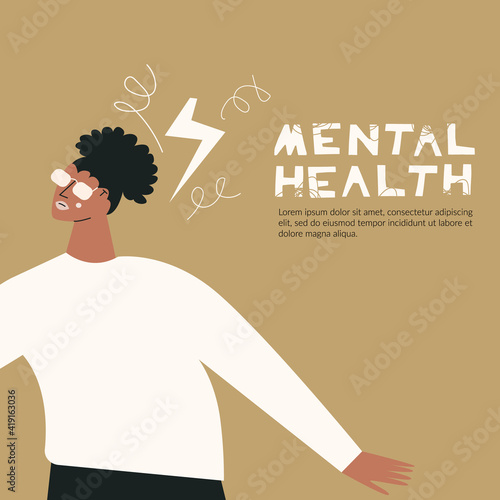 Young black depressed female character Person with confused minds Psychic illness, people psychotherapy and psychiatric problems. Mental disorder african woman flat cartoon illustration