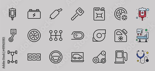 AUTO PARTS Set of Icons related vector line icons. Contains icons such as parts, oil, diagnostics, turbine, steering wheel, key, chassis, gearbox and much more. Editable stroke