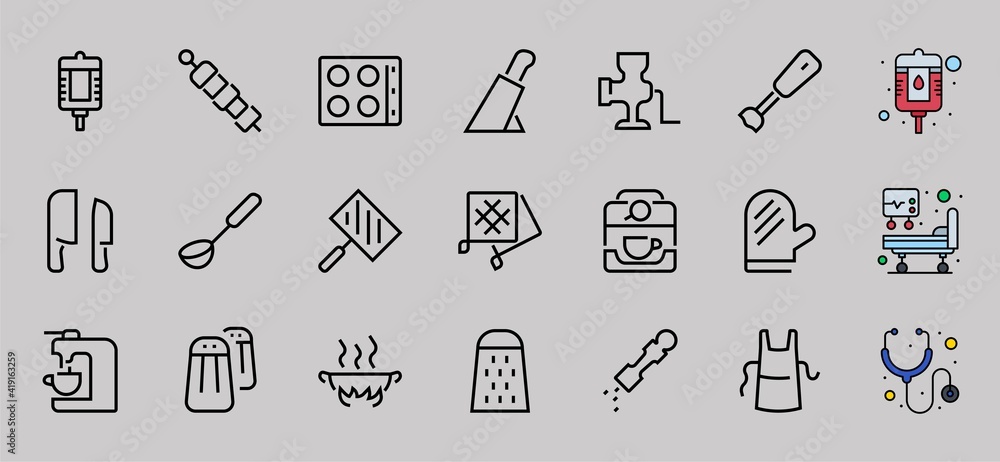 KITCHEN ICON Cooking process, Kitchen tools, Icon set, thin line vector has a blender, oven, knife, grater, barbecue, apron, barbecue, grill, coffee machine, kitchen glove, Editable stroke KITCHEN ICON Cooking process, Kitchen tools, Icon set, thin line vector has a blender, oven, knife, grater, barbecue, apron, barbecue, grill, coffee machine, kitchen glove, Editable stroke
