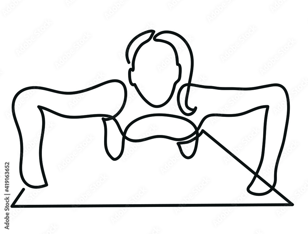 Obraz premium One line drawing of athletic sport woman doing push up. One continuous line drawing of exercising woman.