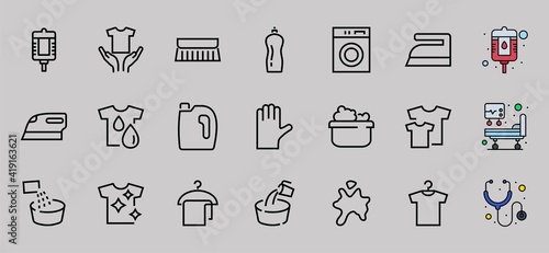 Simple set of washing related vector line Icons. Contains icons such as washing machine, powder, laundry, dirty t-shirt and much more. On a white background, editable stroke. 48x48 pixels perfect