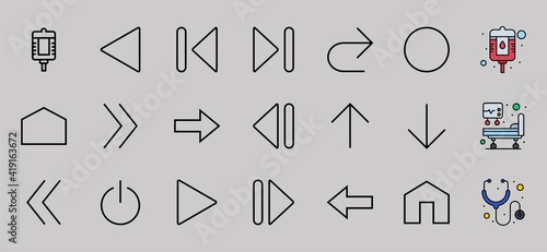 Set of line arrows, directions, arrows, contains icons such as pause, continuation, directly, to the right, Editable stroke. 480x480, On a white background, Vector illustration