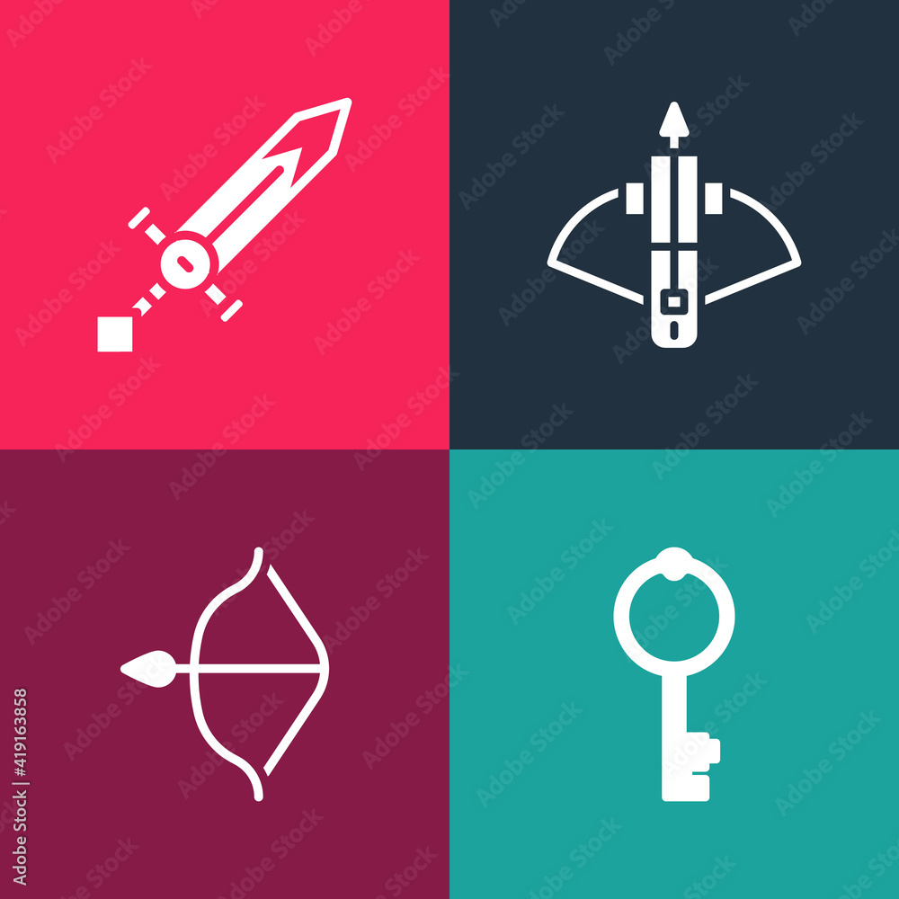 Set pop art Old key, Medieval bow and arrow, Battle crossbow with and sword icon. Vector. Set pop art Old key, Medieval bow and arrow, Battle crossbow with and sword icon. Vector.