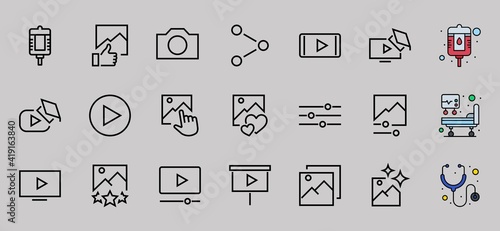 Gallery Set of Images vector line icons. Contains icons such as video, play video, edit images, Business Training, like photo. Editable stroke. Vector illustration