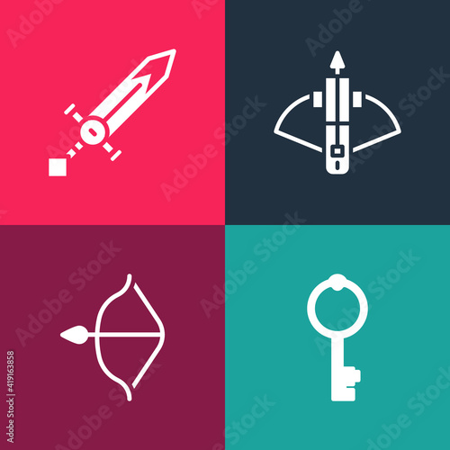 Set pop art Old key, Medieval bow and arrow, Battle crossbow with and sword icon. Vector.