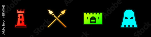 Set Castle tower, Crossed medieval spears, Medieval castle gate and Executioner mask icon. Vector.