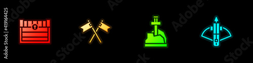 Set Antique treasure chest, Crossed medieval flag, Sword in the stone and Battle crossbow with arrow icon. Vector.