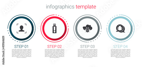 Set Face recognition, USB flash drive, System bug cloud and . Business infographic template. Vector.