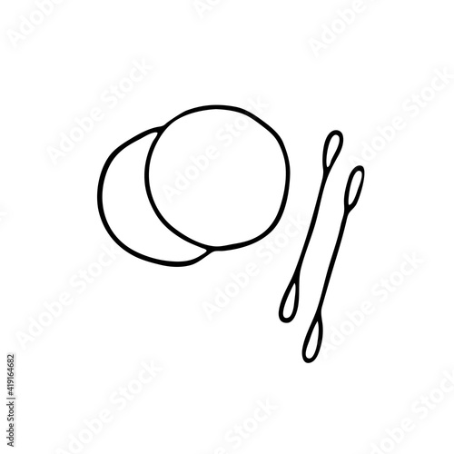 Doodle image of cotton pads and ear sticks. Hand-drawn illustration. Vector image for various designs.