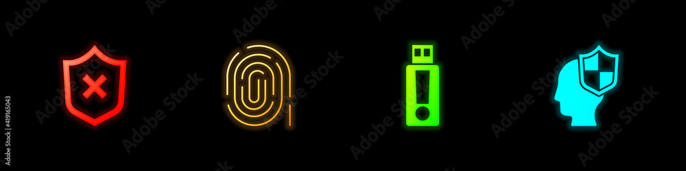 Obraz premium Set Shield with cross mark, Fingerprint, USB flash drive and Head shield icon. Vector.