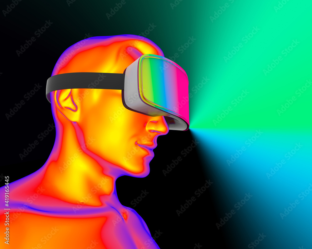 A man wearing augmented reality glasses on dark background. VR AR glasses. 3D concept of new technologies and technologies of the future. A man wearing augmented reality glasses on dark background. VR AR glasses. 3D concept of new technologies and technologies of the future.
