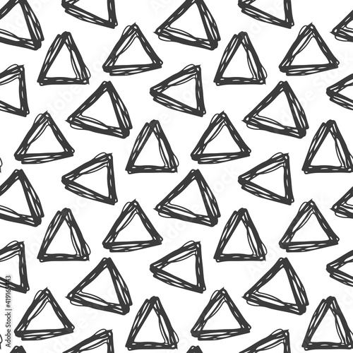 Black ink triangles isolated on white background. Monochrome geometric seamless pattern. Vector flat graphic hand drawn illustration. Texture.
