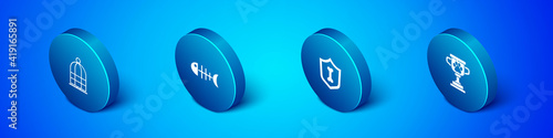 Set Isometric Cage for birds, Animal health insurance, Pet award and Fish skeleton icon. Vector.
