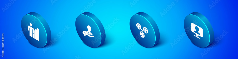 Set Isometric Productive human, Project team base, Location with person and Hand for search people icon. Vector. Set Isometric Productive human, Project team base, Location with person and Hand for search people icon. Vector.