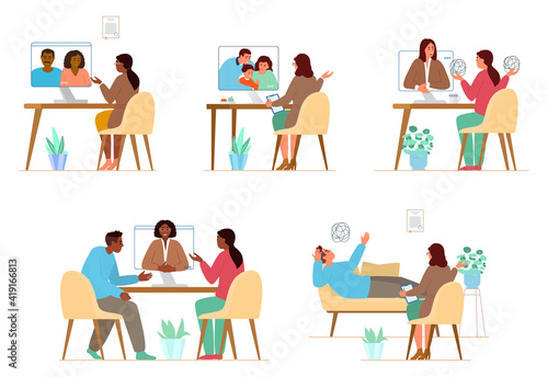 Vector Illustrations Set Of Online And Offline Psychotherapy Sessions With Woman Psychologist. Family Therapy And Individual Treatment.