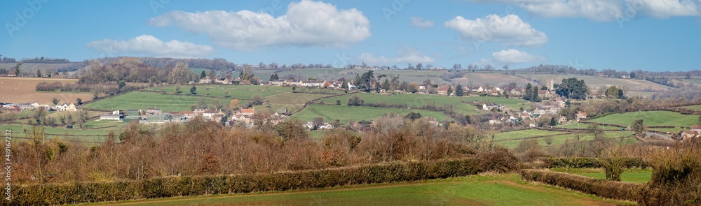 Panoramic view towards Buckland Dinham in Somerset, UK from the East Mendip Way footpath