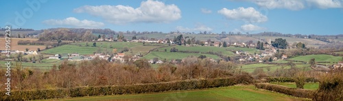 Panoramic view towards Buckland Dinham in Somerset, UK from the East Mendip Way footpath