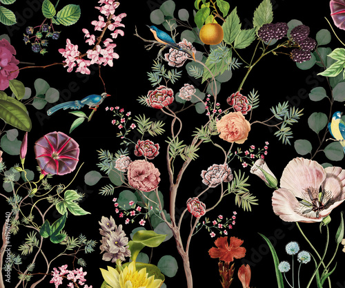 Botanical garden pastel colors and black background