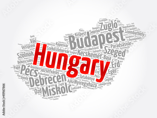 List of cities and towns in Hungary, map word cloud collage, business and travel concept background