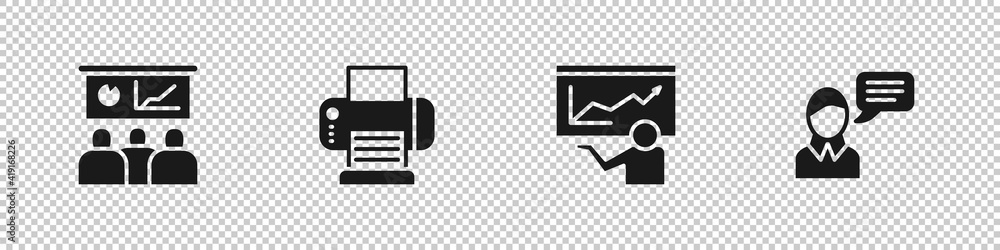 Set Training, presentation, Printer, and Speech bubble chat icon. Vector. Set Training, presentation, Printer, and Speech bubble chat icon. Vector.