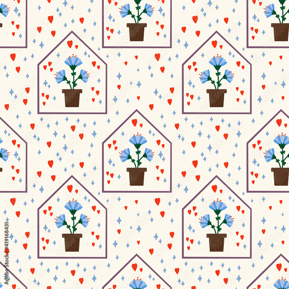 Gardening pattern. Vector background of growing seedlings in a greenhouse. A beautiful base for garden textiles. Vector illustration