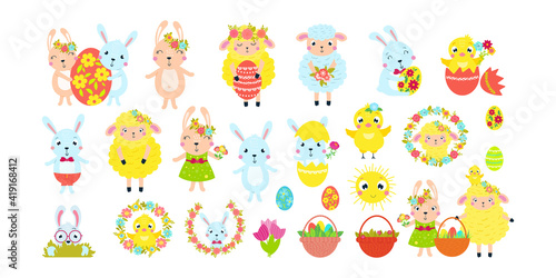 Easter lamb. Big set of holiday symbols in hand drawn style. Sheep, rabbit, chicken, basket of eggs. Suitable for postcards, invitations, posters.