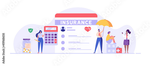 Medical insurance. Concept of health insurance and life insurance. Protection of health and life of people with document of insurance. Healthcare and medical service. Vector illustration in flat