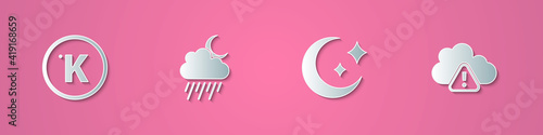 Set paper cut Kelvin, Cloud with rain and moon, Moon stars and Storm warning icon. Paper art style. Vector.