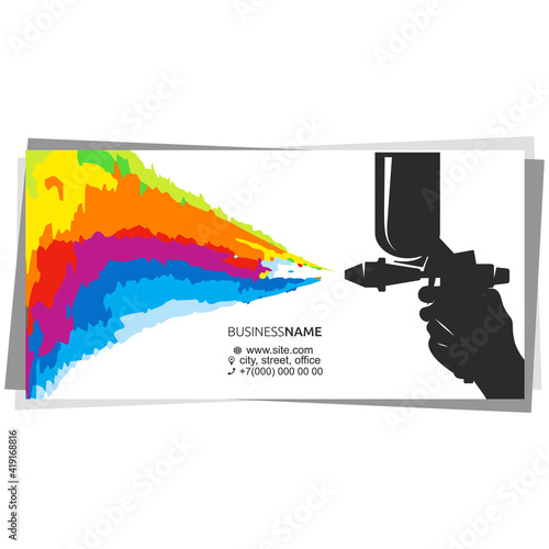 Spray gun in hand of painter multicolored paint splatter business card concept
