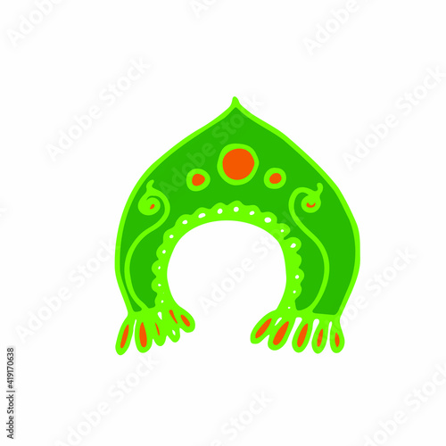 Illustration Russian national headdress kokoshnik with gold ornament and beads. Drawing of a green headdress. Ethnic decoration.