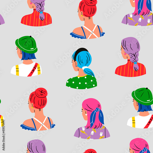 Set of young ladies with various Haircuts and accessories. Rear view. Women dressed in different clothes. Heads and shoulders. Hand drawn Vector seamless Pattern