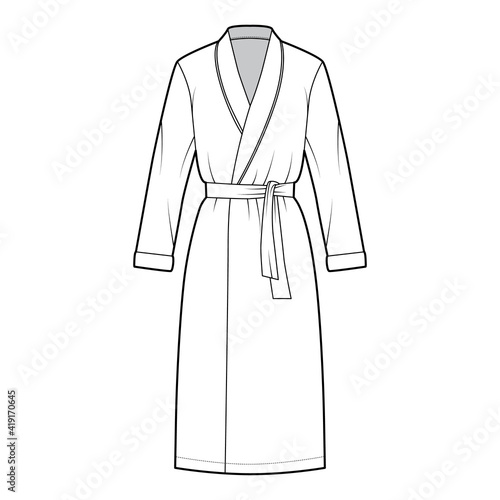 Bathrobe Dressing gown technical fashion illustration with wrap opening, knee length, oversized, tie, long sleeves. Flat garment apparel front, white color style. Women, men unisex CAD mockup